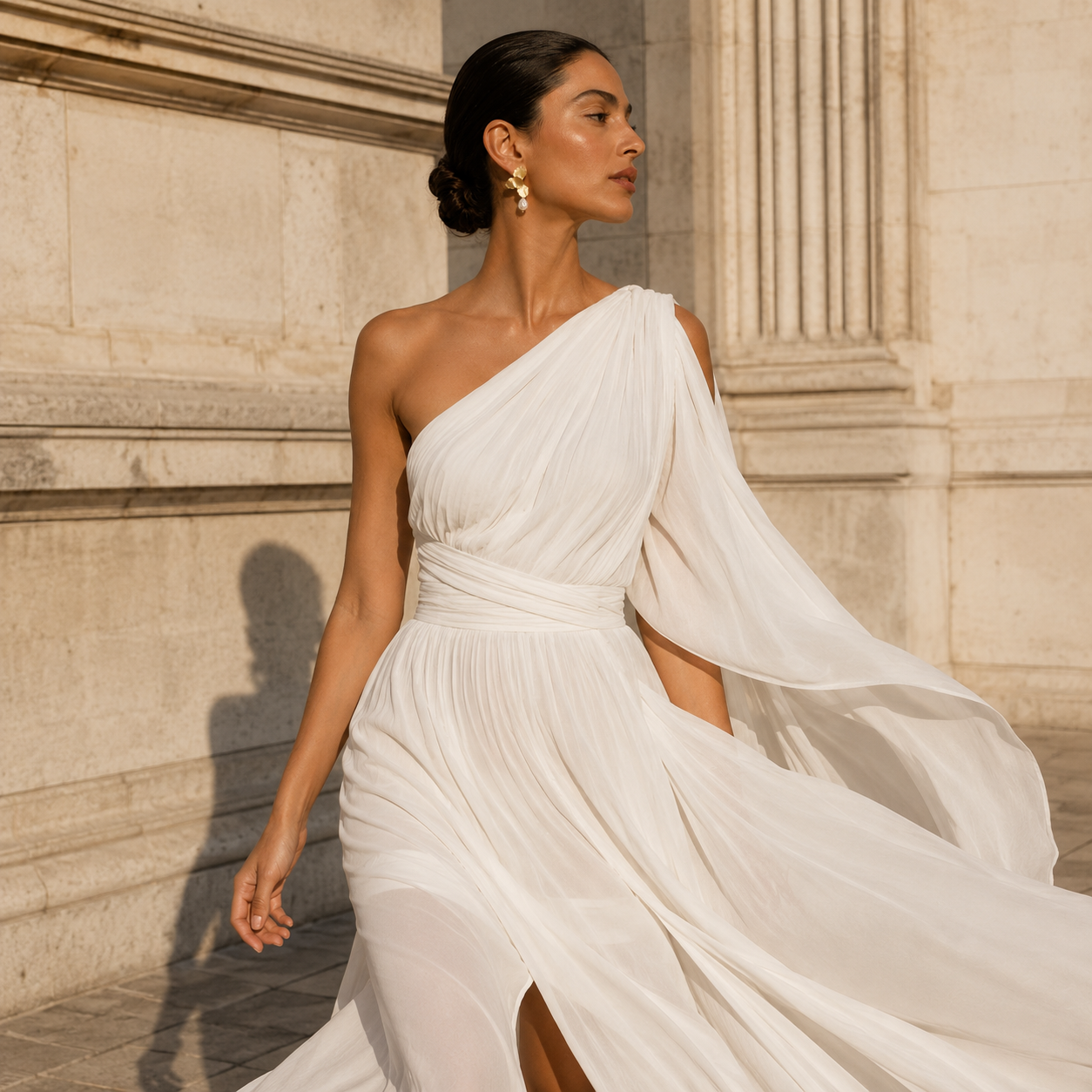 A woman wearing a flowing one-shoulder white gown with a draped cape-like sleeve and side slit, posed outdoors against a sunlit stone building.